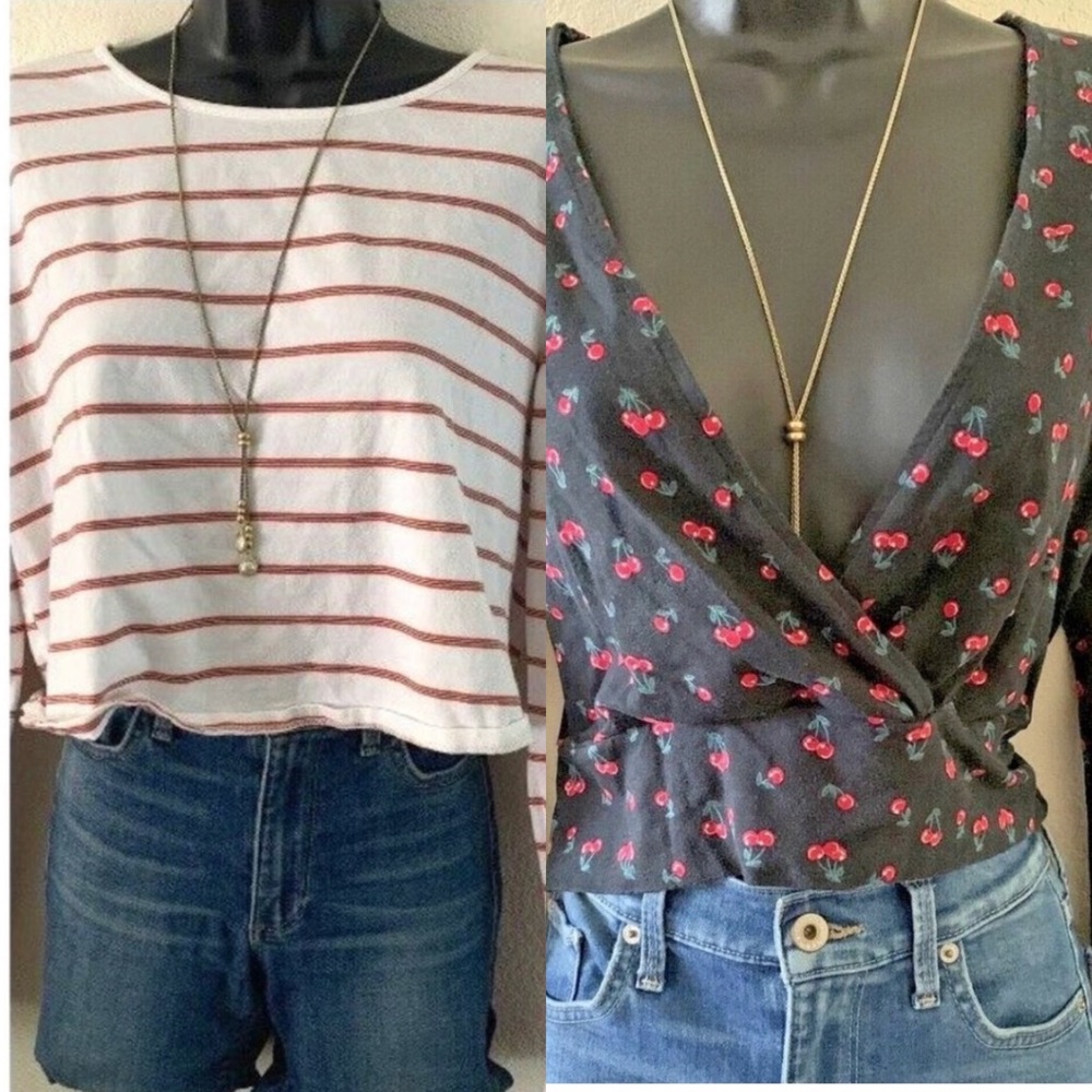 Wild Fable Top Lot of 2 Size XXL Long Sleeve Crop Cherries ruffle Striped Tee